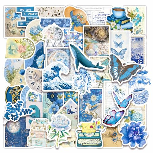 Huipalon 50 Pcs Blue Stickers Aesthetic Vintage Scrapbook Stickers Retro Journaling Supplies Vinyl Ocean Butterfly Sticker Laptop Kindle Sticker for Water Bottle Phone Guitar