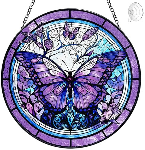 Butterfly Suncatcher Stained Glass Window Hanging - 8” Handmade Stained Glass Suncatchers for Windows Hanging - Sun Catchers Indoor Wall Art Garden Decor Catcher with Hook - Butterfly Gift for Women