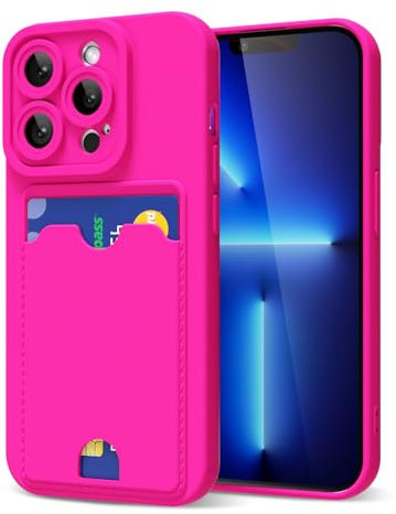 oakxco for iPhone 13 Pro Max Case with Card Holder, Cute Silicone Wallet Phone Case with Credit Card Slot, Soft Rubber Thin Slim Purse for Women Men with Shockproof Camera Cover Protection, Hot Pink