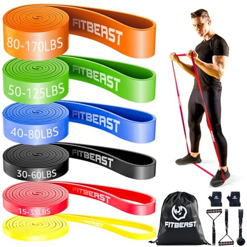 FitBeast Widerstandsbänder Set 6er, Trainingsbänder/Fitnessbänder mit Griffen & Türanker für Krafttraining, Klimmzughilfe & Heimtraining (6-teiliges Set 5-170 LBS)