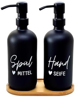 BoBoU Seifenspender 2er Set – 500ml Glas Schwarz Matt im Keramik-Look – mit Edelstahlpumpe & Bambus Tablett – für Küche & Bad
