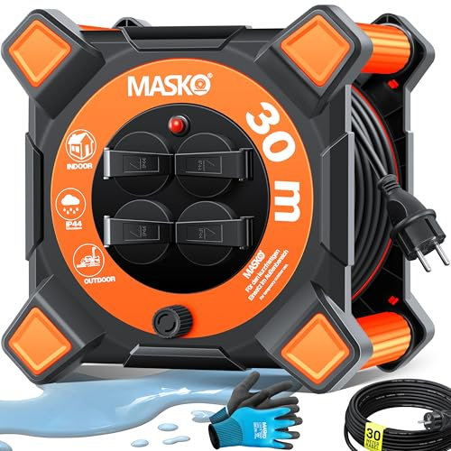 MASKO® Kabeltrommel 30m | Verlängerungskabel mit Schutzkontaktsteckdosen & Wickelgriff | Outdoor Kabelaufroller Thermoschutz | Gerätetrommel IP44 1000W ~ 3000W | inkl. Tragegriff und Montagehandschuhe