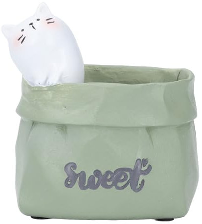 Kuuleyn Funny Planter Decorative Plant Pot Pen Pencil Holder Desktop Ornament Resin Cute Animal in Grocery Bag Small Succulent Planter for Bedroom Office Decor Housewarming Gift (Cat)