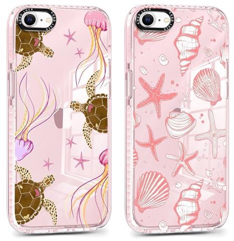 Phoona 2 Pack Transparent Sea Turtle Shell Phone Case for iPhone 8/SE 2022/7/SE 2020 4.7, Aesthetics Pattern Design Ultrathin Soft TPU Silicone Cases,Shockproof Bumper Protector Matte Girls Cover