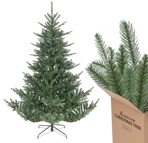SALCAR 2,1 m Künstlicher Weihnachtsbaum mit naturgetreuen Spritzguss-Elementen, Schnellaufbau durch Klapp-Schirmsystem, 210 cm künstlicher Tannenbaum (Durchmesser ca. 150 cm, extra groß)