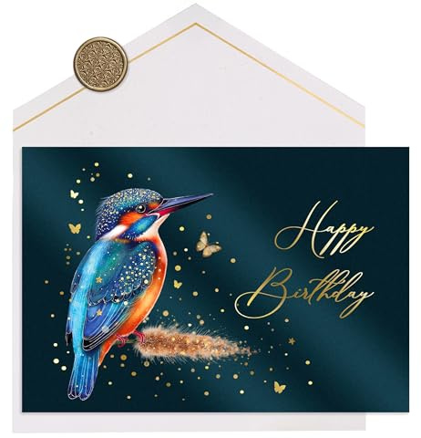 Joli Coon Premium Geburtstagskarte STARDUST Eisvogel, mit FinePaper Kuvert | 350g Perlmuttpapier mit Schimmereffekt, weiße Innenseite, selbstklebendes Wachssiegel, für persönliche Geburtstagswünsche