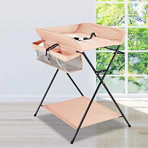Table à langer pliable, réglable en hauteur, avec roulettes, peu encombrante et stable, 80 x 63 x 96 cm, mobile, avec ceinture de sécurité, pour bébé âgé de moins de 12 mois, rose