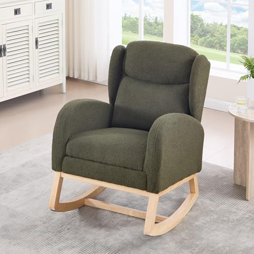 Arhatreya Schaukelstuhl, Stillstuhl, Lounge-Sessel mit Holzgestell, verstellbare Fußstütze, Hohe Rückenlehne, Bequemer Akzentstuhl mit Tasche für Wohnung Wohnzimmer, Teddy-Stoff, Grün