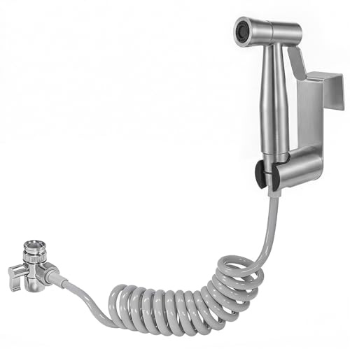Ribech Set Bidet Doccetta in Acciaio Inox, Erogatore per Rubinetto, Tubo a Molla Estensibile (39-200cm) e Gancio, per Igiene Bagno e Pulizia Pannolini, Argento