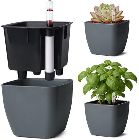 T4U Selbstbewässerungstopf 12,5cm 3er Kräutertopf Eckig mit Anzeige Grau | Self Watering Pot, Basilikum, Petersilie, Küchenkräuter, Hydrokultur, Fensterbank, Balkon, Anfänger, Urlaubspflege
