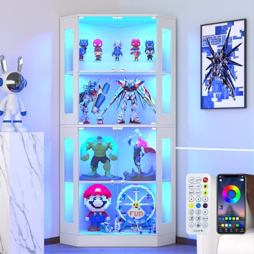 VOWNER Eck-Vitrine 165cm mit LED-Beleuchtung & Intelligente Sensorik | 4-stufige Schauvitrine, Glasvitrine für Wohnzimmer & Büro Sammlerstücke, Spirituosen (Weiß, 4 Regalböden)