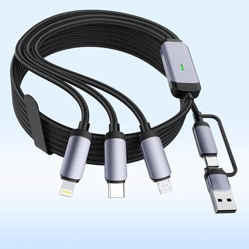 100 W USB C Multi Cavo Ricarica Rapida 1,8 m Treccia 5 in 1 nylon con connettore Lightning Micro USB Tipo C per iPhone, compatibile con iPhone 16, 15, 14, 13, 12, 11, X Pro Max, Samsung S24, 23, 22