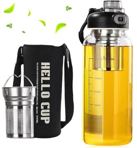 GOMETY Gourde en verre borosilicate de 1 l, avec bec d'écoulement à thé, 1000 ml, portable, anti-fuite, grande bouteille en verre pour les amateurs de thé, gym, sport, extérieur, fitness, bureau