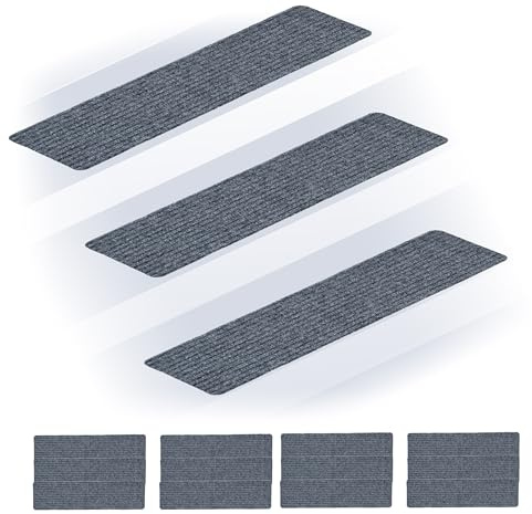 Relaxdays Stufenmatten 16er Set, rechteckige Treppenstufenmatten, 75 x 20 cm, selbsthaftende Treppenteppiche, hellgrau