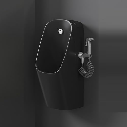 Wand-Urinal für Herren – auslaufsichere Keramik mit Sprühpistole und intelligenter Sensor-Spülung; geruchshemmendes und spritzwassergeschütztes Urinal für Gewerbe(Black)