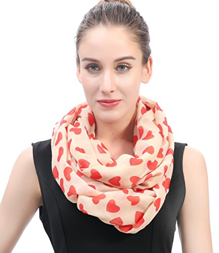 Lina & Lily Damen Loop Schal mit Herz-Motiv (Beige & Rot)