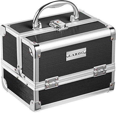 LaRoc Aluminium Professional Cosmetic Makeup Vanity Travel Portable Case with Mirror, Organiser Storage Nail Beauty Jewelry Tools Carry Lockable Box with Keys Durable, Black