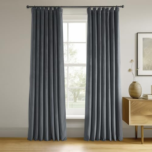 HPD Half Price Drapes Signature Velvet Thermal Blackout Curtains for Living Room 96 Inch Long 1 Panel Rod Pocket Insulated Blackout Curtains for Bedroom Window Curtains, 50W x 96L, Distance Blue Grey