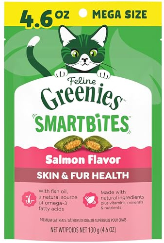 Greenies Cat Treats, Feline Smartbites, Skin & Fur Health, Crunchy and Soft Cat Treats, Salmon Flavor, 4.6 oz. Pack