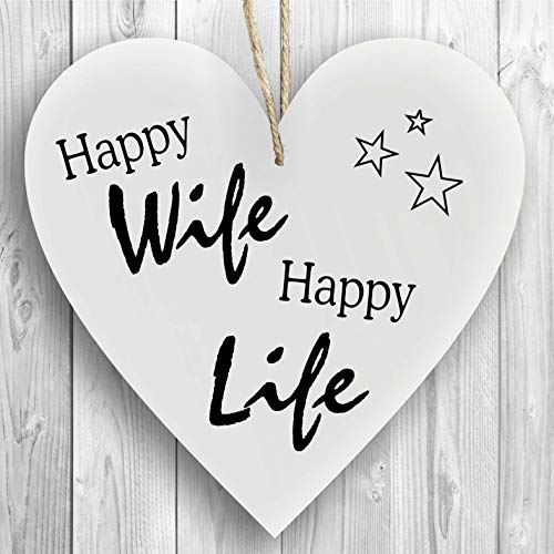 Herzschild Holzherz Holzschild 16 x 16 cm Happy Wife Happy Life weiß Dekoschild Wandschild Schild Holz Ehe Paartnerschaft