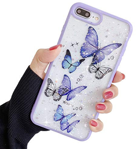 ZTUOK Compatible with iPhone 7/8/SE 2020 Case for Girls,Soft Slim Fit Full-Around Protective Cute Clear Sparkly Bling Star Butterfly Pattern Phone Case Glitter Cover for iPhone 7/8/SE 2020- Purple