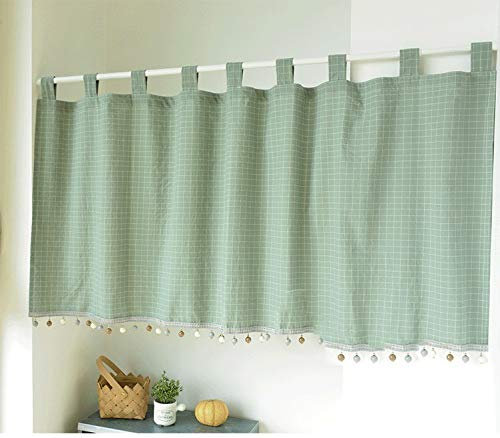 Yaland Elegant Schlaufenschal karo Gardine Karierte Küche Gardine Scheibengardine mit Kugeln-Kante Landhausstil Bistrogardine mit Raffhalter (HxB 140x140cm, dunkelgrün) 1 Stück