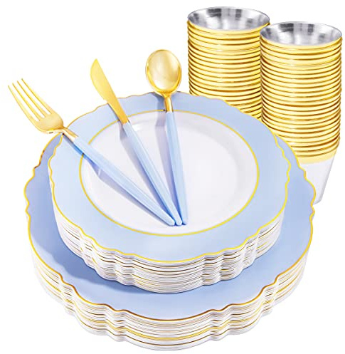 WDF 150pieces Baby Blue Plastic Plates with Gold Rim - Disposable Gold Plastic Silverware With Blue Handle-Baroque Light Blue&Gold Disposable Plates Dinnerware for Wedding/Party/Baby Shower