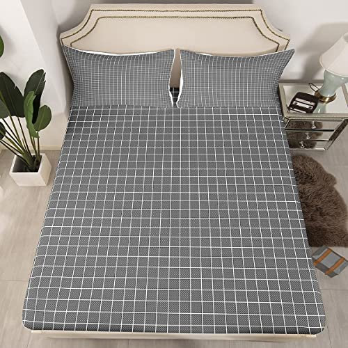 Gitter Spannbetttuch Set für Kinder Mädchen Jungen Erwachsene Modern Grau Plaid Bettlaken Set Ästhetisch Kariert Spannbettlaken 140x200cm Geometrisch Schlafzimmer Dekor Grau 1 Kissenbezug