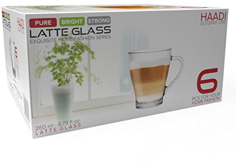 HAADI Lot de 12 tasses à café en verre pour boissons chaudes et froides avec poignées, 260 ml, double tasse à thé, latte, durable, passe au lave-vaisselle, bord roulé et fond épais