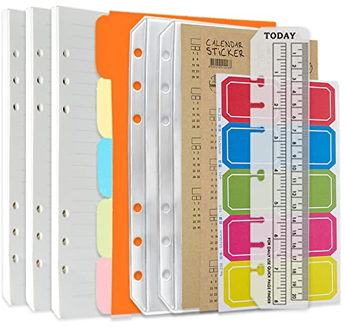 DY.2ten Nachfüllbares A5-Notizbuch-Set, 3 Stück, A5 liniertes Nachfüllpapier, A5 transparente Reißverschluss-Bindertaschen, A5-Trennblätter, Index-Tabs, Linealmarker, Papier-Nachfüllpackung für