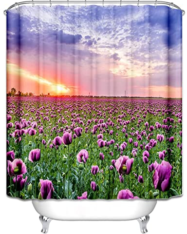 EHOMERY Duschvorhang Dicker Stoff Duschrollo Für Badewanne Ohne Bohren Sonnenaufgang Am Blumenmeer Duschvorhang Jugendstil Duschrollo Austausch Polyester 12 Hakenringe, 180X200Cm
