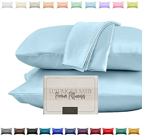 Elegant Comfort Silky and Luxurious 2-Piece Satin Pillowcase Set for Healthier Skin and Hair, Hidden Zipper Closure and Beautifully Packaged, Satin Pillowcase Set, Standard/Queen, Baby Blue