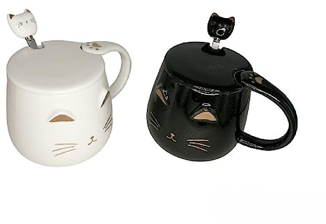 lachineuse - Lot de 2 Tasses Chat Kawaii 450ml - Mug Chat avec Couvercle & Cuillère - Coloris Noir & Blanc en Céramique - Mug à Infusion, Thé, Café - Tasse Originale Japonaise - Idée Cadeau Japon Asie