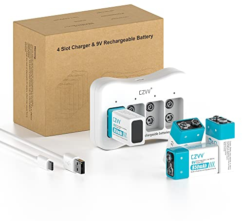 czvv Piles Rechargeables Lithium 9V - Haute Capacité 850mAh 4 Pack avec Chargeur Rapide 2H - Anti-Fuite et Durée de Vie Ultra Longue 10 Ans 8,7V - 1300 Fois Cycles, Détecteurs de Fumée, Radios