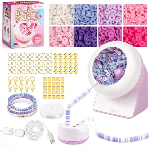 Tilhumt Bead Spinner, 2112Pcs Beading Set for Making 18 Friendship Bracelets, Electric Bead Spinner for Bracelet Making Kit with 12 Colors Polymer Clay Beads, Crafts, Birthday Gift, Purple