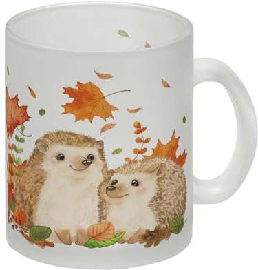 Igel im Herbst Glas Tasse im Aquarell Stil eine bunte Tasse für die Arbeit mit Motiv Frauen Geburtstag Natur Kaffeetasse Zeichnung Waldtieren Becher Laub Spülmaschinenfest