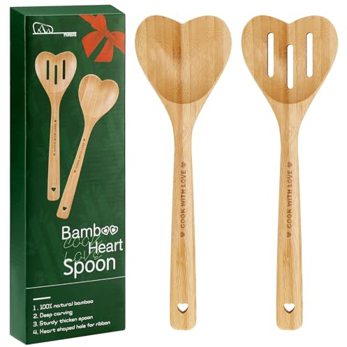 Wooden Heart Spoons for Cooking - 2pcs Heart Shaped Bamboo Spoon Christmas Kitchen Utensils, Gifts for Grandma Moms Wife Hostesses Cooks, Cooking with Love, House Warming Birthdays Decor