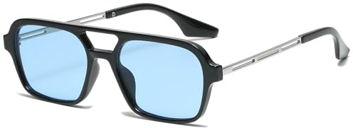 JCTAIFOO Vintage 70s Quadratische flache Piloten-Sonnenbrille für Herren Damen Trendy Retro Rectangle Small Shades Cool Niedliche Mode Brille Schwarz-Silber/Blau