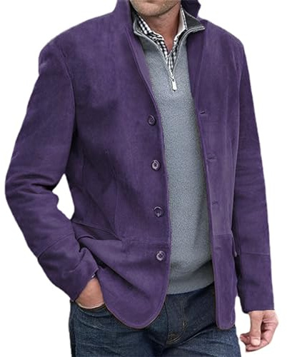 HESYSUAN Blazer décontracté à col montant pour homme avec poche à revers et manches longues en daim décontracté slim bouton costume d'affaires blazer veste, violet, M