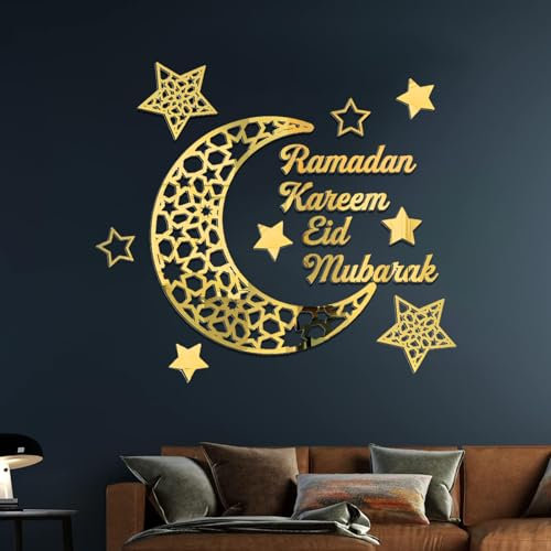 IWTBNOA Ramadan Aufkleber Wanddekoration, Eid Mubarak Wanddekoration, Wasserdicht 3D Acryl DIY Mond Stern Ramadan Selbstklebende Wandaufkleber, Muslim Ramadan Wandtattoo für Zuhause Deko