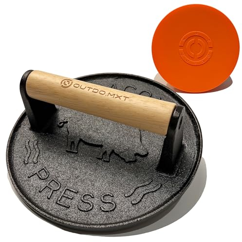 OUTDO.MXT Cast Iron 7 Smash Burger Press,Heavy Duty 2.5lb Burger Smasher with Wood Handle and Silicone Protective Cover for Griddle,Grill Press for Hamburger, Bacon, Steak, Barbecue Grilling Tool