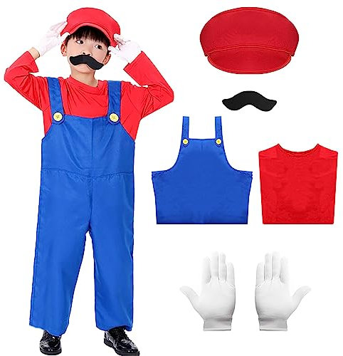 Alaiyaky Mario Costume per bambini, 6 pezzi, Mario e Luigi, costume Mario Cosplay con maglietta, salopette, cappello, guanti, barba, super idraulico per Carnevale Halloween (rosso, S)