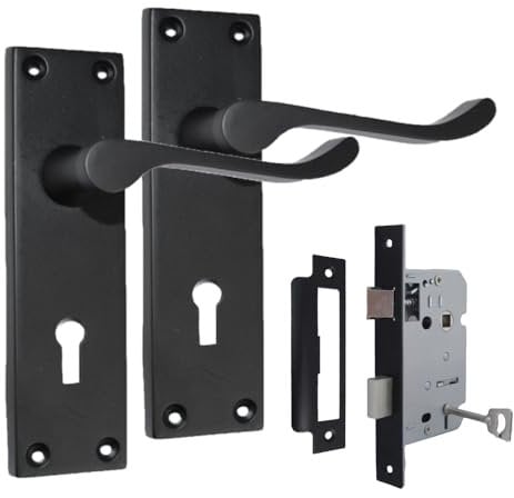 Black Door Handles Interior Door Handles - Victorian Scroll Lock Handles & 3 Lever Sash Lock, Matt Black Door Handles, Back Plate, 150 x 42mm, Door Handles Multipack, Door Handles Set 1