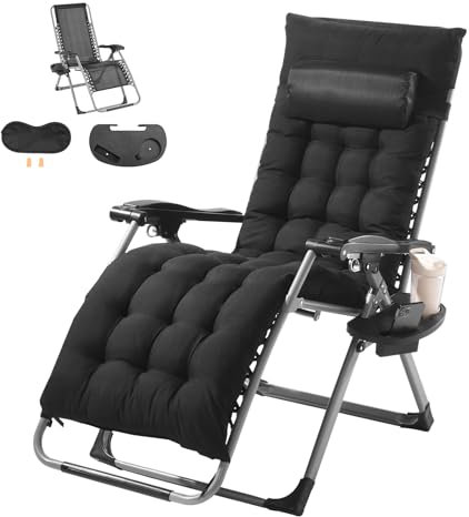 VEVOR Fauteuil Inclinable Zéro Gravité, 645 mm, Transat Relax Jardin pour Intérieur Extérieur, Chaise Longue Anti-gravité Réglable avec Coussin, Appui-tête, Repose-pieds, Porte-gobelet, 226,8 kg, Noir