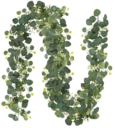 2 Stück Eukalyptus Girlande Deko, 180cm Verschlüsselt Eukalyptus Pflanze Künstlich Blumengirlande für Hochzeiten Partys Esstische Kaminsimse Treppen Türrahmen Heimdekoration Blume (Dunkelgrün)