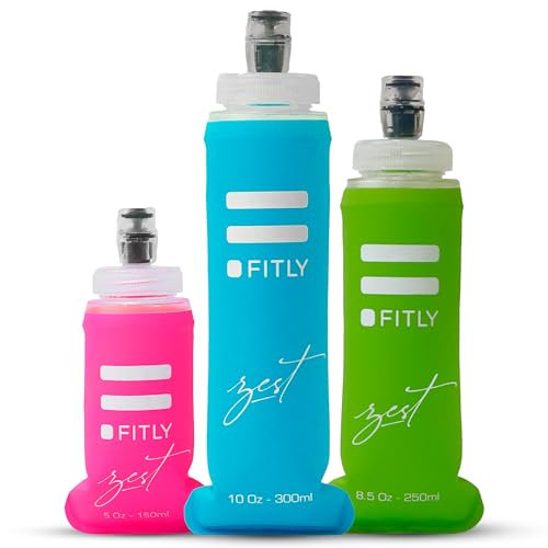 FITLY Soft Flask 3 Pack - 5 oz (150 ml), 8.5 oz (250 ml), 10 oz (300ml) - Shrink As You Drink Soft Water Bottle for Hydration Pack - Folding Water Bottle For Running & Hiking