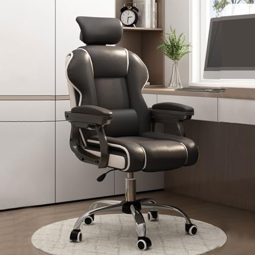 Höhenverstellbarer Schaukelstuhl aus Leder mit Drehgelenk Gaming Arbeitsstuhl Rückenlehne Chefsessel Bürostuhl mit Latexkissen für Erwachsene Sessel mit Armlehnen und Rollen