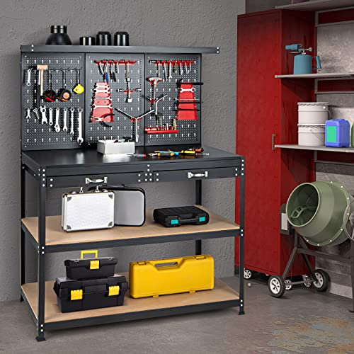 GOPLUS Banco de Trabajo con Panel Perforado, Mesa de Trabajo con 2 Cajones, 3 Estantes, Panel de Ganchos y 25 Accesorios para Colgar, Organizador de Herramientas para Hogar Taller Garaje