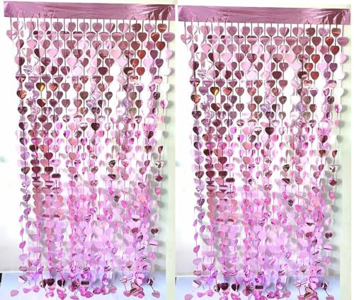 CYBERNOVA 2 Pack Tenda a frange sfondo, 1mx2m a forma di cuore metallico Tinsel Foil Fringe Streamers Tende sfondo per matrimonio compleanno anniversario laurea decorazione partito (rosa)