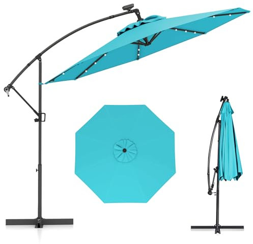 COSTWAY Parasol Déporté Professionnel 3M, Grand Parasol de Jardin Extérieur 32 LED Solaire avec Manivelle, Inclinable et Rotation à 360°, Base Croisée, pour Patio, Terrasse, Balcon (Turquoise)